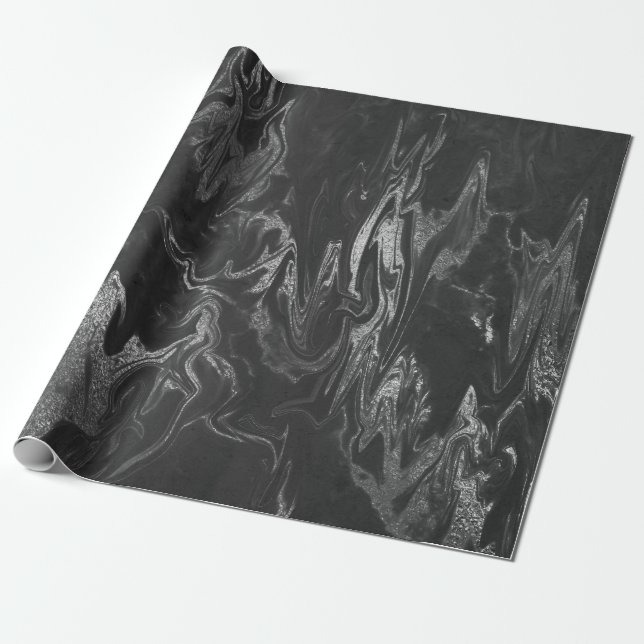 Papier Cadeau Marbre gris noir argenté brillant (Déroulé)