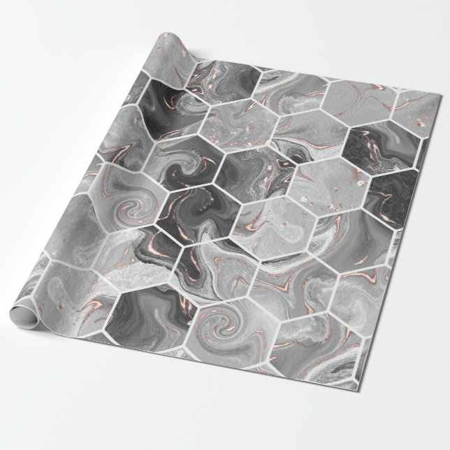 Papier Cadeau Marbre hexagone texture transparente avec motif or (Déroulé)