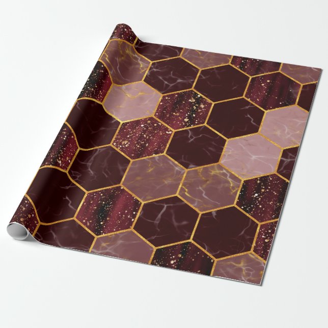 Papier Cadeau Marbre hexagone texture transparente avec or (Déroulé)