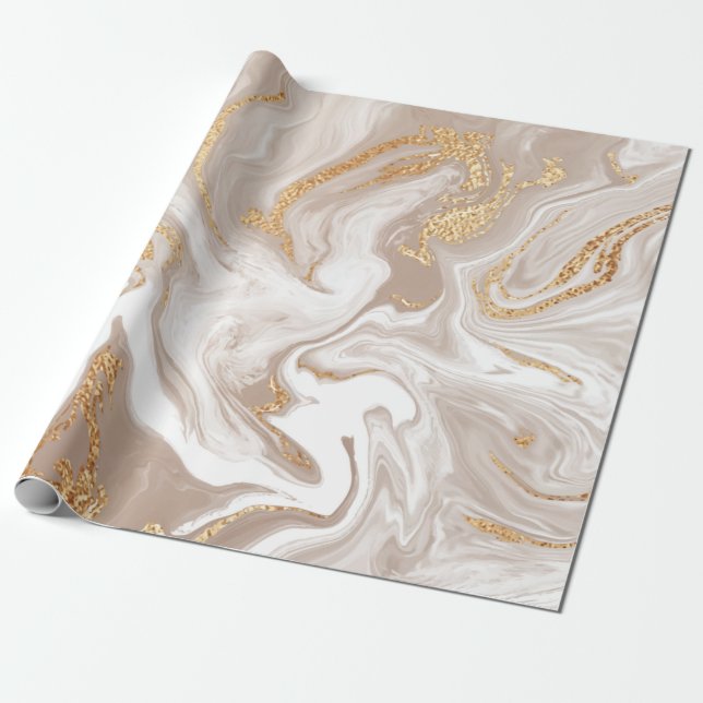 Papier Cadeau Marbre liquide beige avec or parties scintillant (Déroulé)