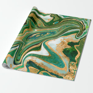 Papier Cadeau Marbre liquide vert et or abstrait