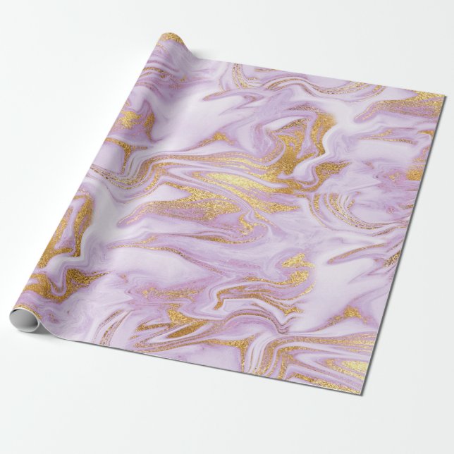 Papier Cadeau Marbre moderne violet clair, blanc et or (Déroulé)