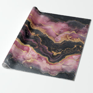 Papier Cadeau Marbre noir et bordeaux pailleté or élégant et sty