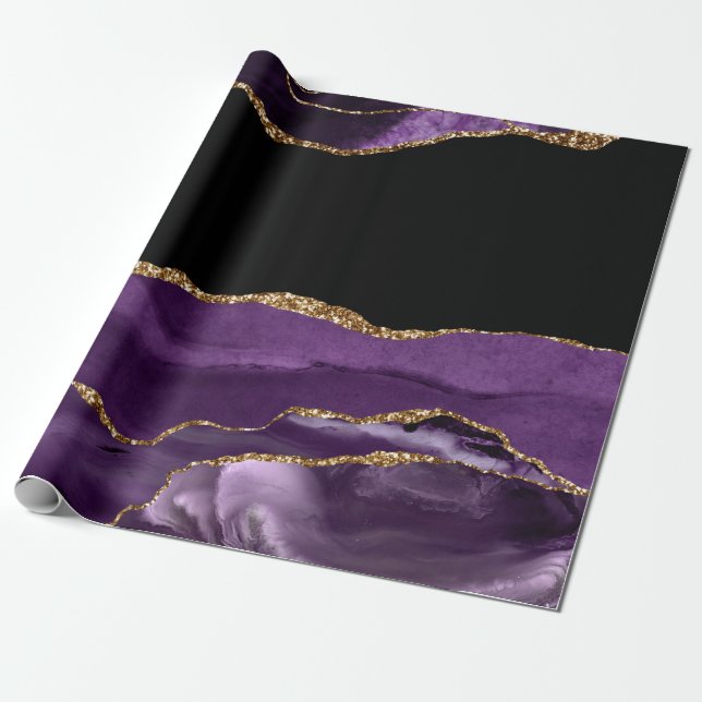 Papier Cadeau Marbre Noir Violet Agate Glam Paillettes Dorées (Déroulé)