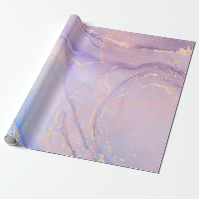 Papier Cadeau Marbre Pailleté Or Rose et Bleu (Déroulé)