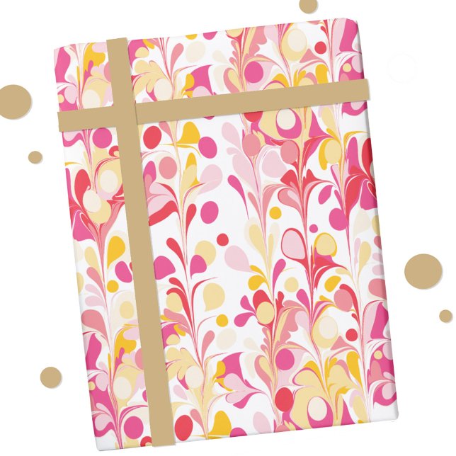 Papier Cadeau Marbre rétro Abstrait Motif rose rouge jaune (Retro abstract marble pattern pink yellow gift wrapping paper roll)