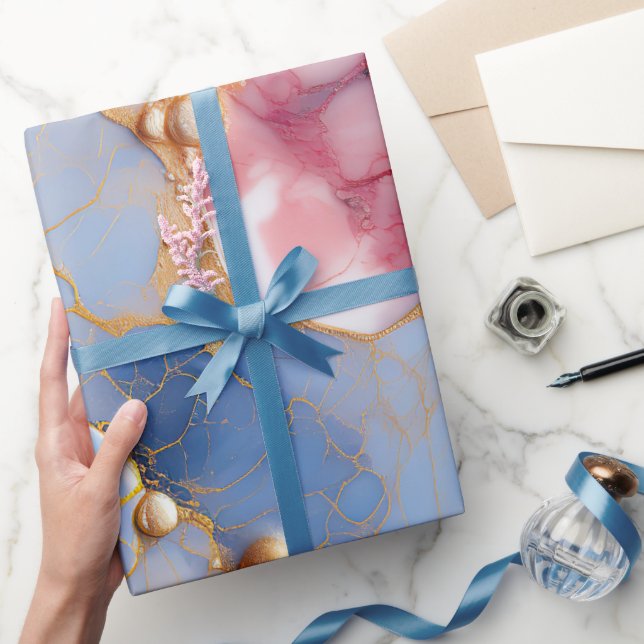 Papier Cadeau Marbre Rose et Saphir avec Perles Dorées (Cadeaux)
