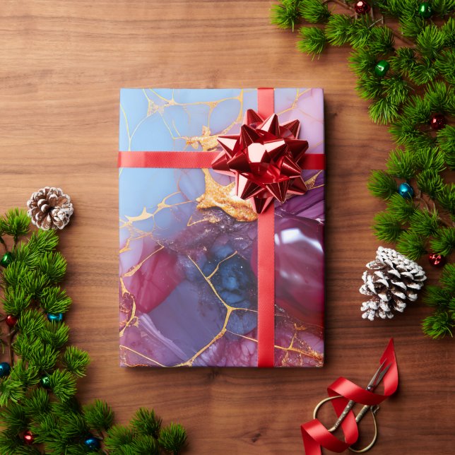Papier Cadeau Marbre rose et saphir avec veines dorées (Cadeau de vacances)