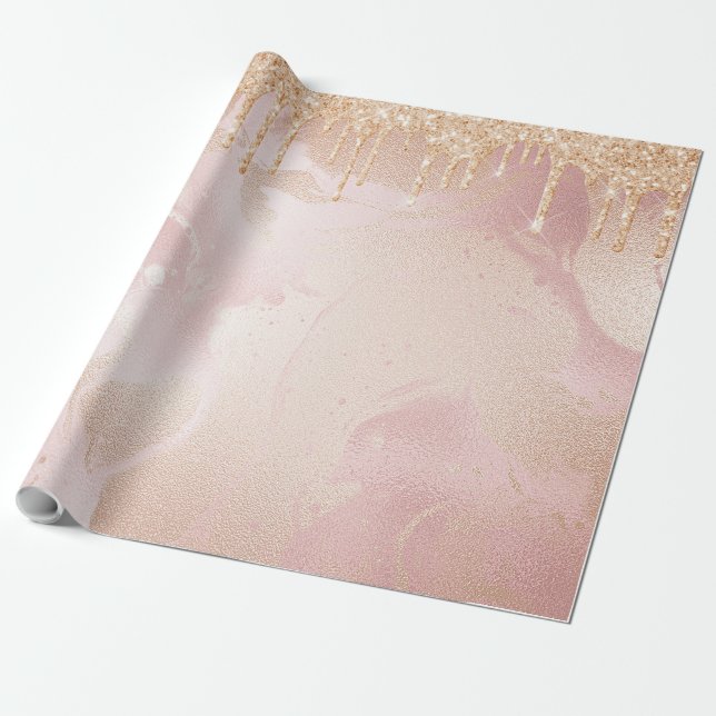 Papier Cadeau Marbre Rosegold Blush avec Droplets Parties scinti (Déroulé)