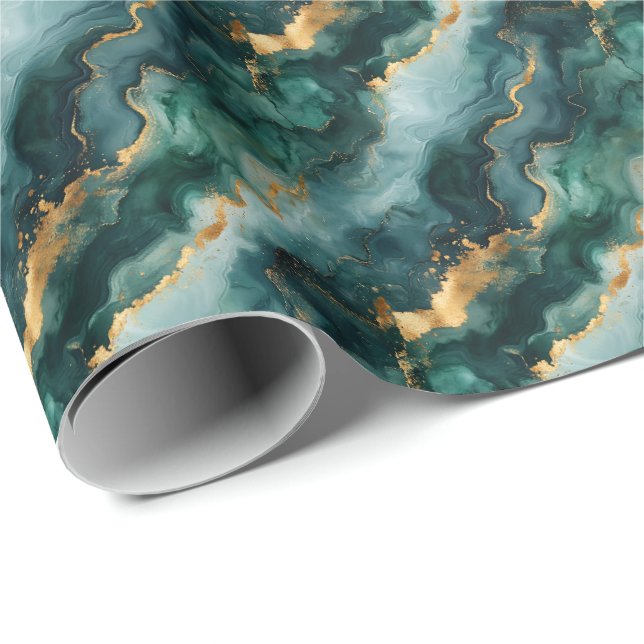 Papier Cadeau Marbre Vert / Or (Coin rond)