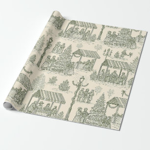 Papier Cadeau Marché de Noël Classique Toile en Vert et Crème