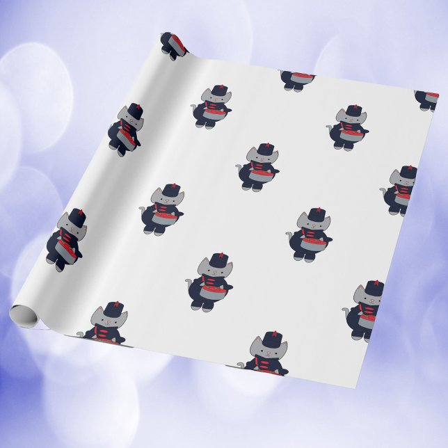 Papier Cadeau Marching Band Cat Snare Drum Navy Blue Red Pattern (Wrapping paper of a cat playing drums in a navy blue & red marching band uniform.)