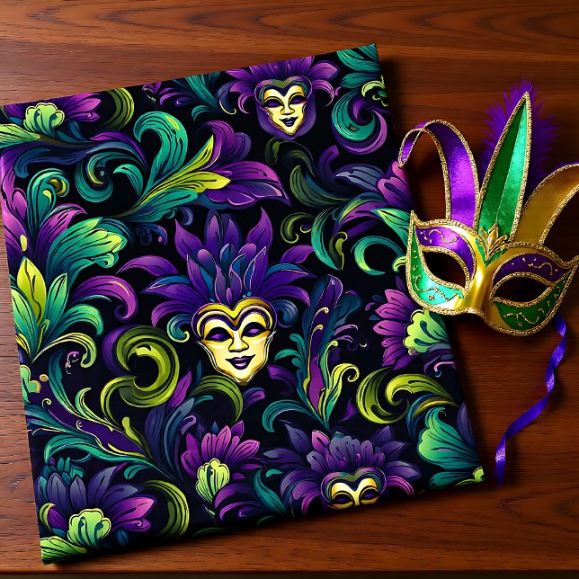 Papier Cadeau Mardi Gras avec masques jaune or (Mardi Gras with golden yellow masks Wrapping Paper)