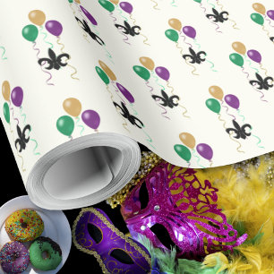 Papier Cadeau Mardi Gras Black FleurDeLis avec des ballons sur i