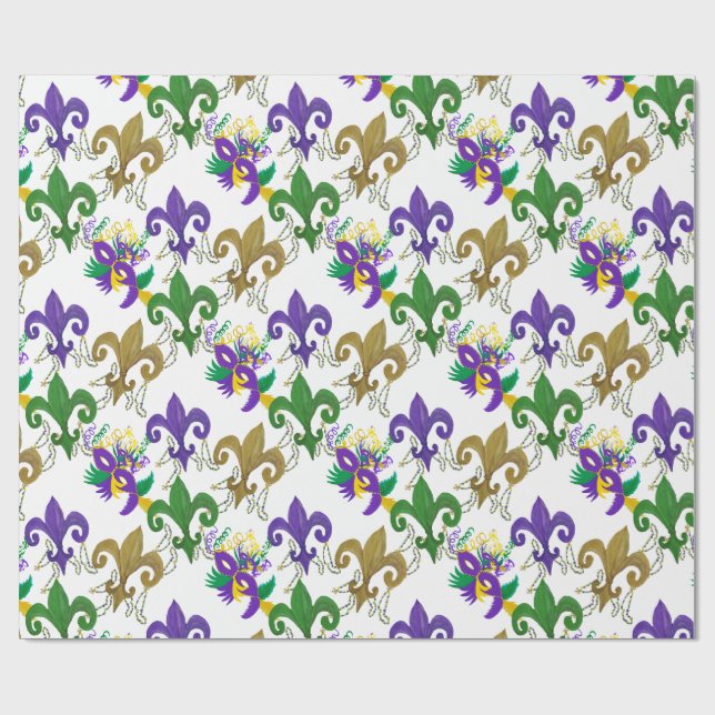 Papier Cadeau Mardi Gras fleur de lis et masques (Plat)