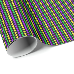 Papier Cadeau Mardi Gras Vert, Jaune, Perles Violettes sur Fond 