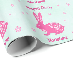 Papier Cadeau Marguerite de lapin de Pâques Aqua rose Personnali
