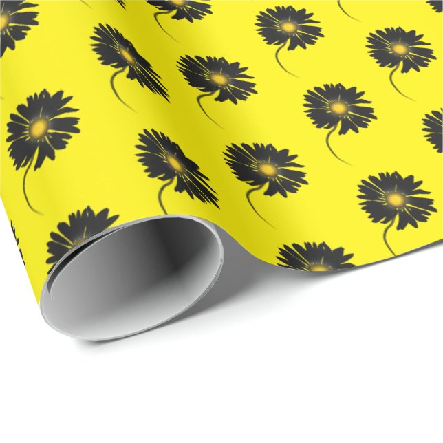 Papier Cadeau marguerite noire sur jaune (Coin rond)