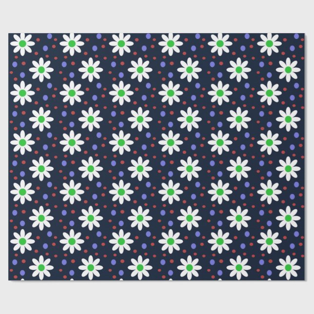 Papier Cadeau marguerite points bleu marine (Plat)