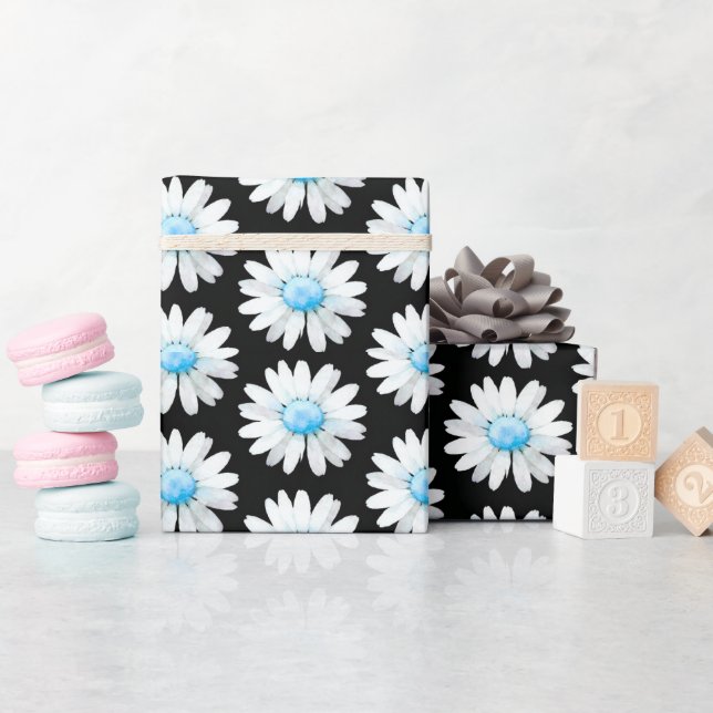 Papier Cadeau Marguerites à points bleus (Baby Shower)