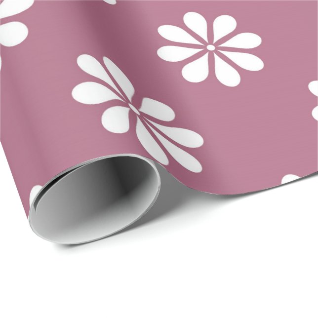 Papier Cadeau Marguerites blanches avec fond rose (Coin rond)