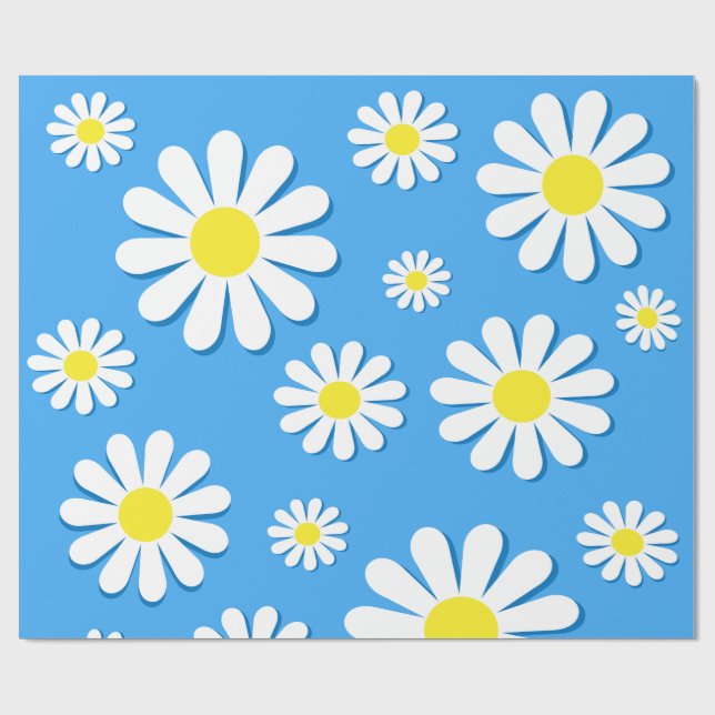Papier Cadeau Marguerites blanches sur fond bleu (Plat)