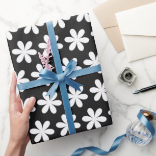 Papier Cadeau Marguerites blanches sur fond noir