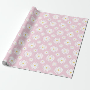 Papier Cadeau Marguerites blanches sur fond rose