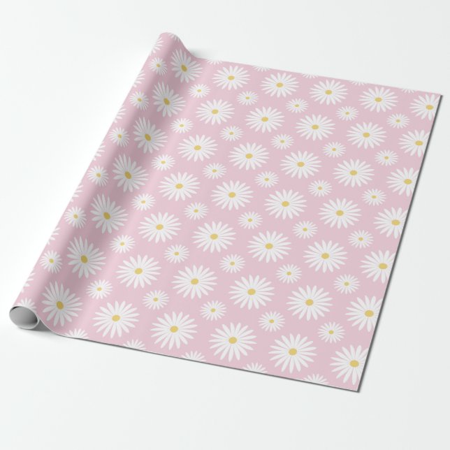 Papier Cadeau Marguerites blanches sur fond rose (Déroulé)