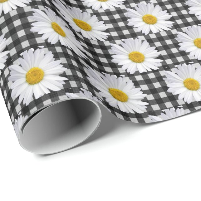 Papier Cadeau Marguerites blanches sur Gingham  (Coin rond)