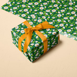 Papier Cadeau Marguerites de printemps vertes et blanches et mot