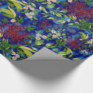 Papier Cadeau Marguerites et papillons d'aquarelle bleus