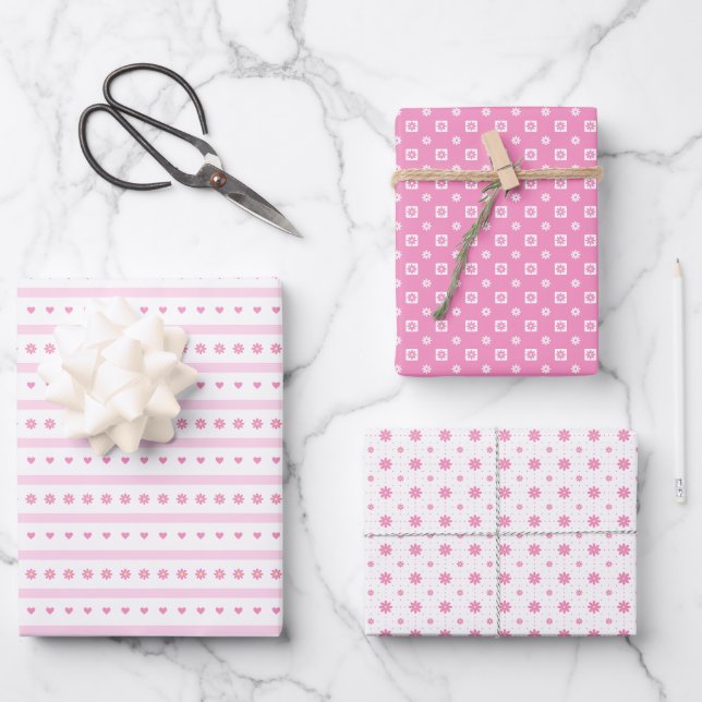 Papier cadeau Marguerites roses, Points et Cœurs (Recto)