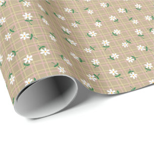 Papier Cadeau Marguerites sur Carreaux Marron (petite échelle)