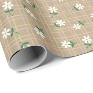 Papier Cadeau Marguerites sur Carreaux Marrons (grande échelle)