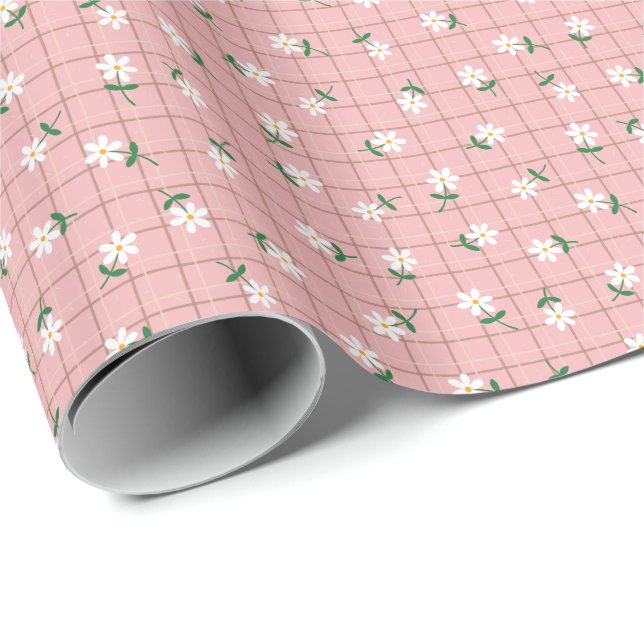 Papier Cadeau Marguerites sur Carreaux Roses (petite échelle) (Coin rond)
