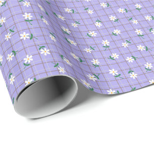 Papier Cadeau Marguerites sur Carreaux Violets (petite échelle)