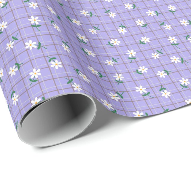 Papier Cadeau Marguerites sur Carreaux Violets (petite échelle) (Coin rond)