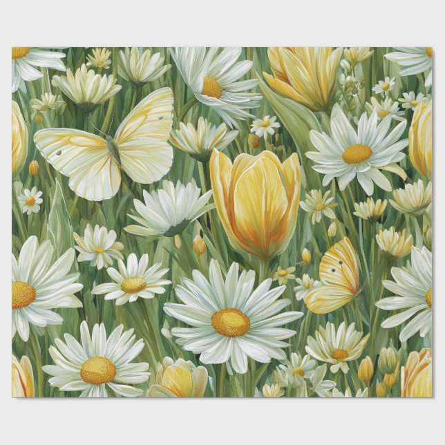 Papier Cadeau Marguerites, Tulipes & Papillons (Plat)
