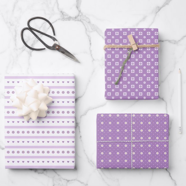 Papier cadeau Marguerites Violettes, Points et Cœu (Recto)