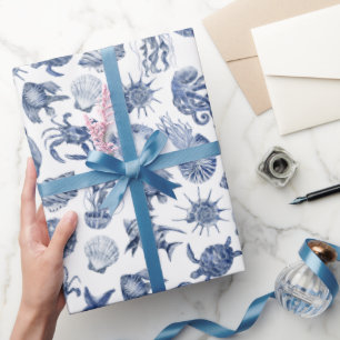 Papier Cadeau Mariage à l'aquarelle moderne bleu de plage côtièr