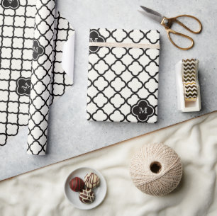 Papier Cadeau Mariage à motif monogramme noir et blanc Quatrefoi