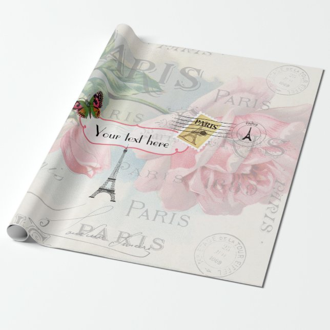 Papier Cadeau Mariage à Paris Vintage Shabby-Chic Rose Rose pers (Déroulé)