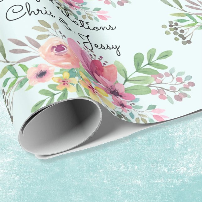 Papier Cadeau Mariage Ajouter des noms Floral Aquarelle Rouleau  (Créateur téléchargé)