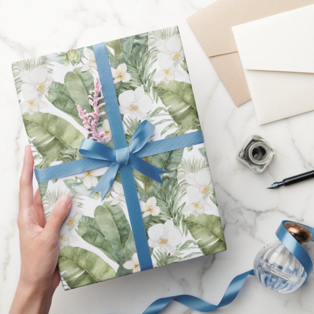 Papier Cadeau Mariage aux Orchidées Blanches et Feuilles Vertes  (Cadeaux)