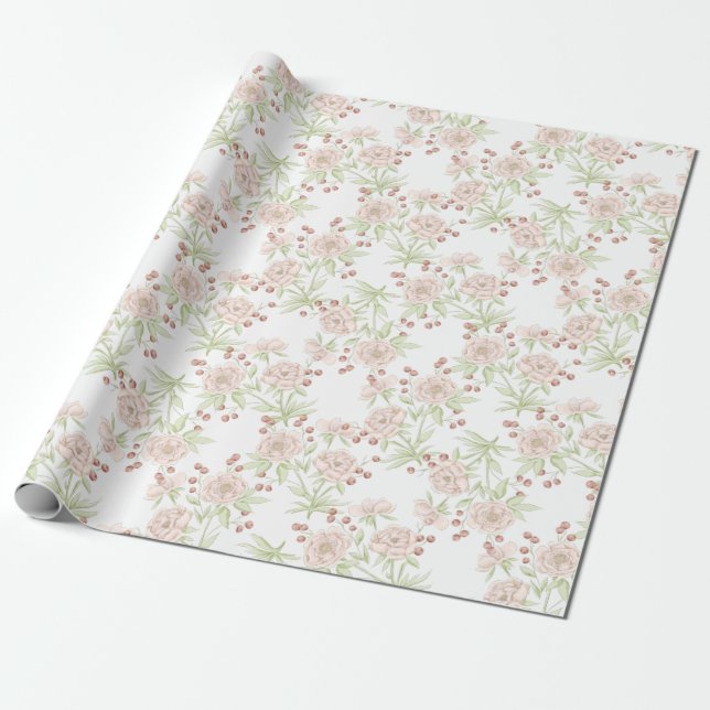 Papier Cadeau Mariage aux Roses Roses Blush (Déroulé)