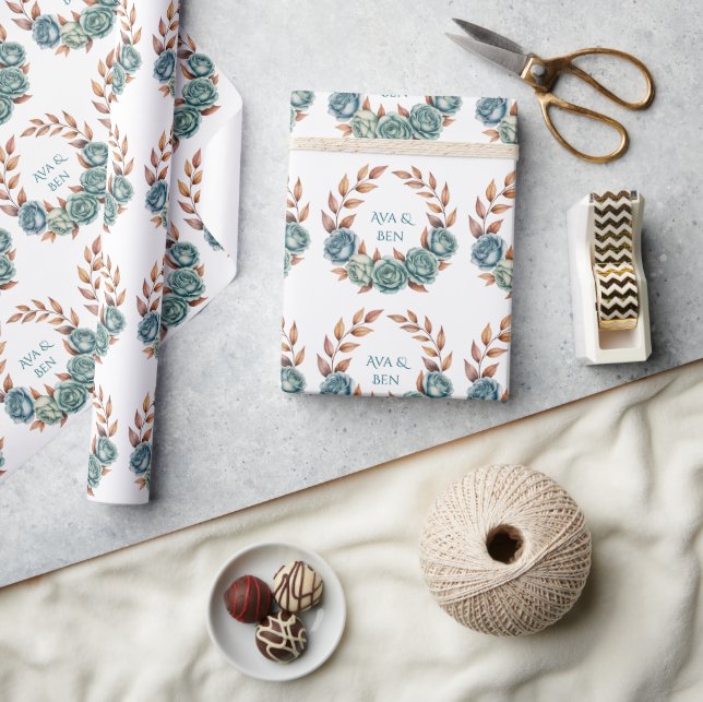 Papier Cadeau Mariage aux Roses Sarcelles et Feuilles de Cuivre (Artisanat)