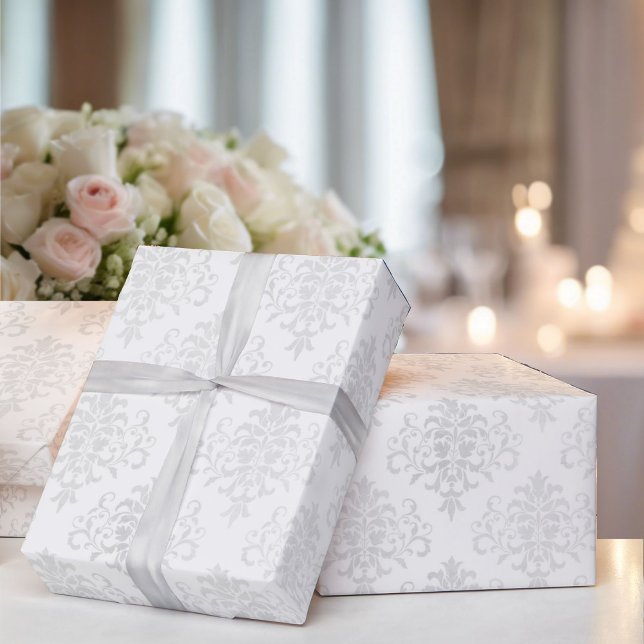 Papier Cadeau Mariage Blanc Damask Simple Élégance intemporelle (Créateur téléchargé)