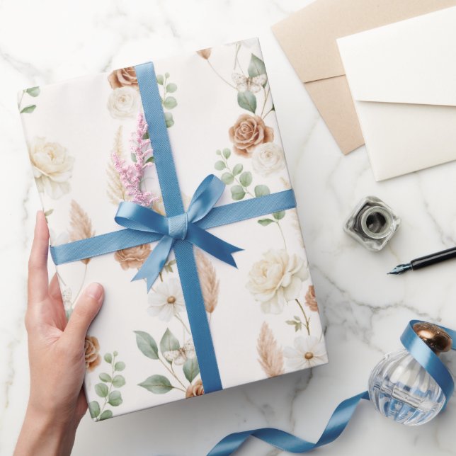 Papier Cadeau Mariage Bohème Fleurs Crème Marron (Cadeaux)