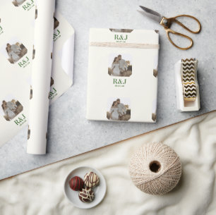 Papier Cadeau Mariage Couple Ajouter Photo Vert Monogramme